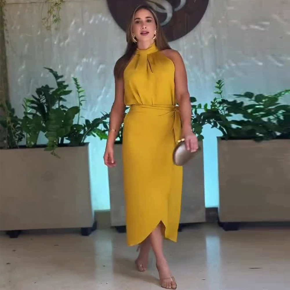 Forever 21 Yellow Sleeveless Spring Slit Midi Dress Chic Fitted Waist